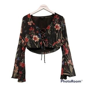 Olivaceous Womens Floral lace up front blouse with flare sleeves | Medium